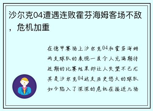 沙尔克04遭遇连败霍芬海姆客场不敌，危机加重